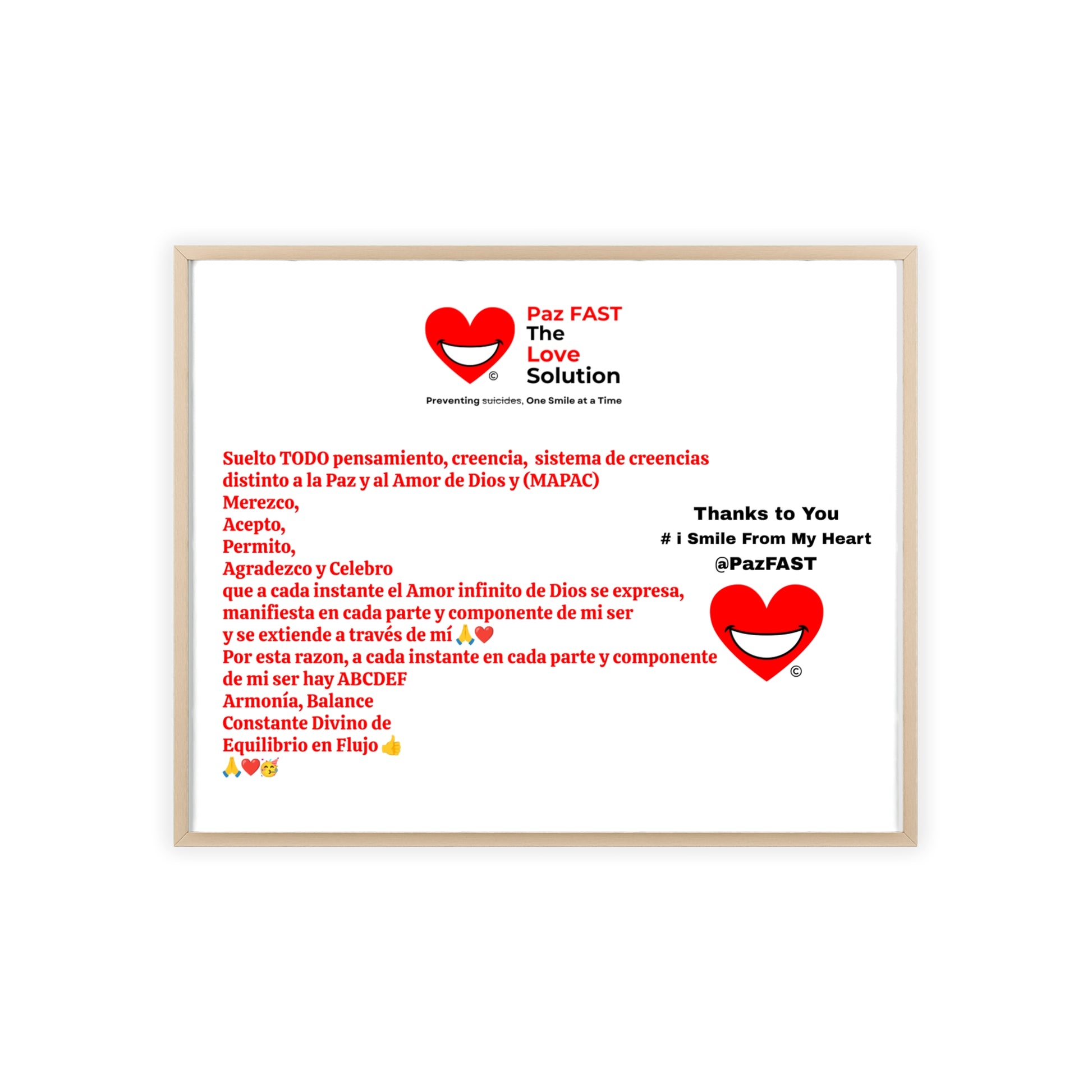 Wooden Frame Posters | Extend Total *Kindness with "Paz FAST, The Love Solution" - The Love Solution